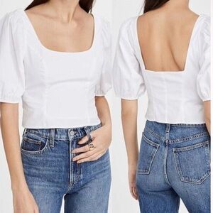 NWT STAUD Papaya Top White Cropped Puff Sleeve Size 4